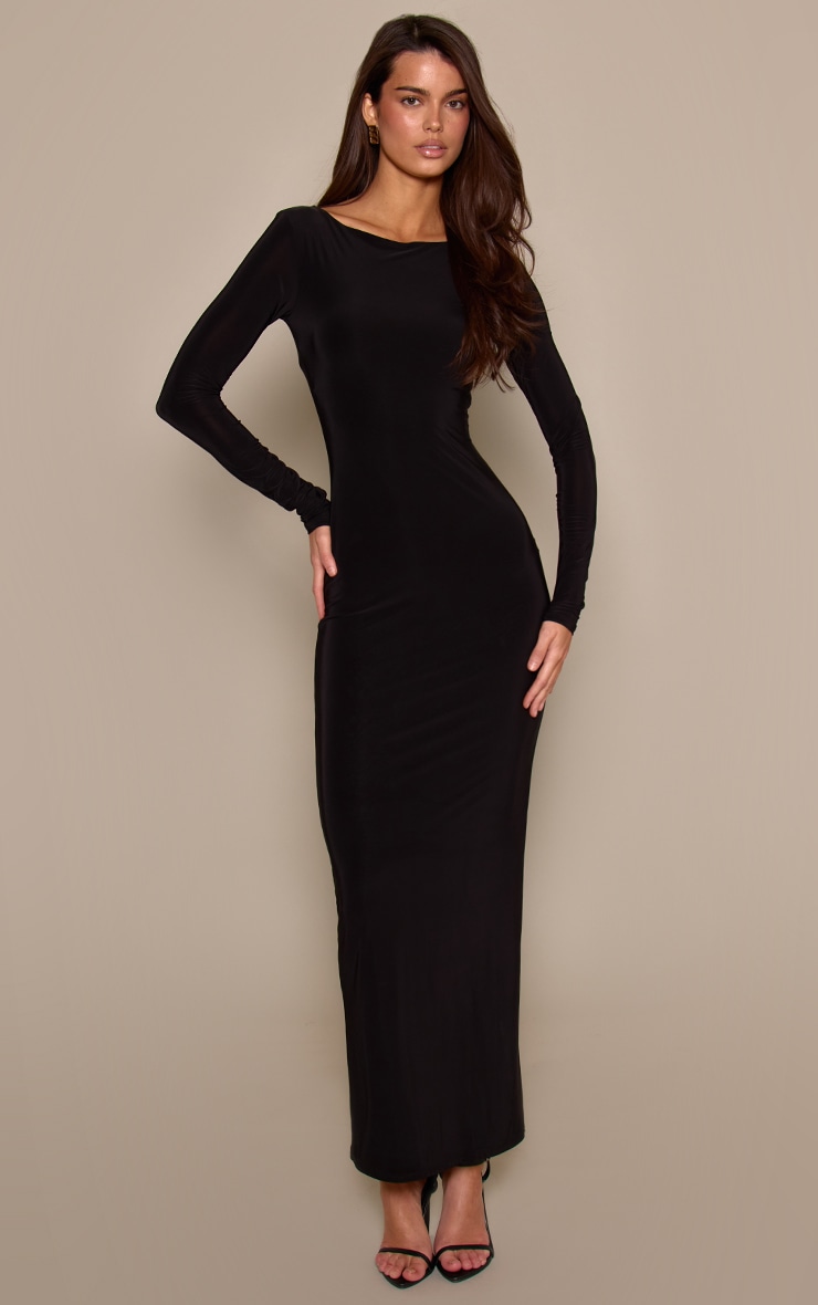 Black Double Layer Slinky Long Sleeve Maxi Dress image 1