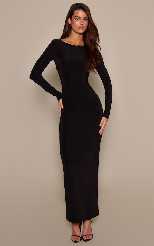 Black Double Layer Slinky Long Sleeve Maxi Dress