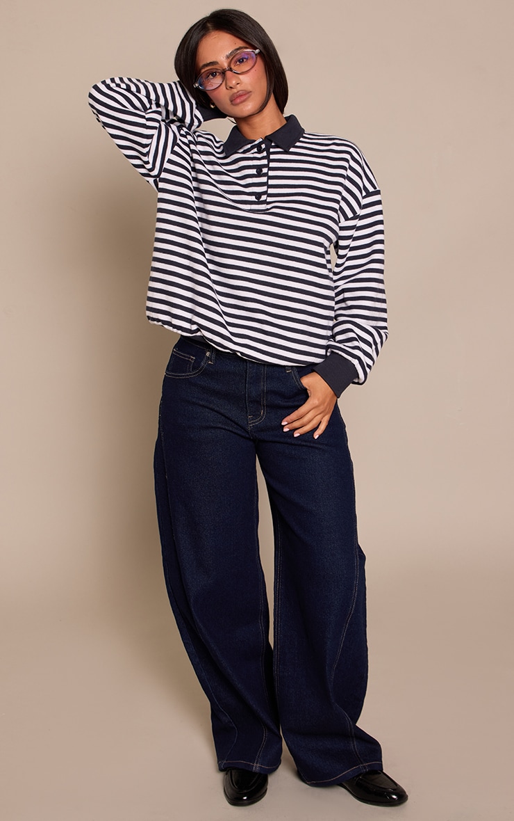 Petite Navy Striped Brushed Button Up Sweatshirt image 3
