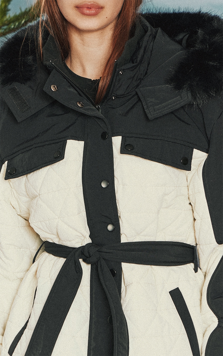 Black Fur Trim Tie Waist Puffer Coat image 4