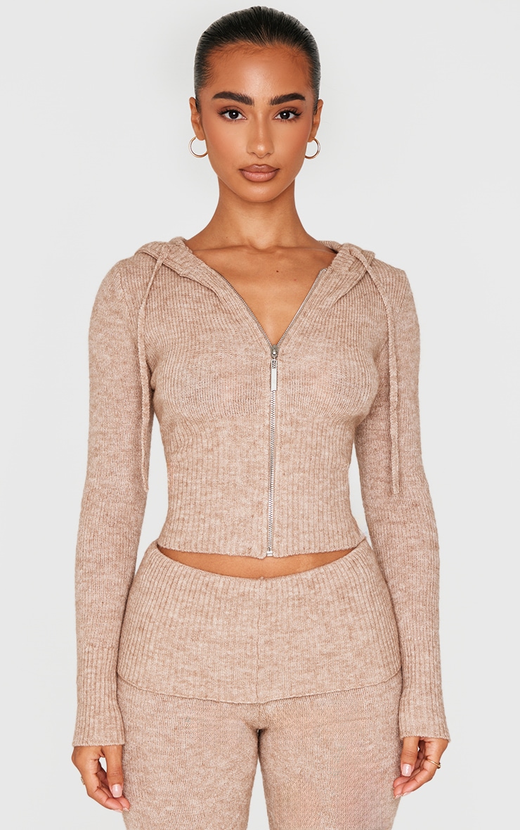Petite Hoodie en maille tricot taupe à zip et manches longues image 1