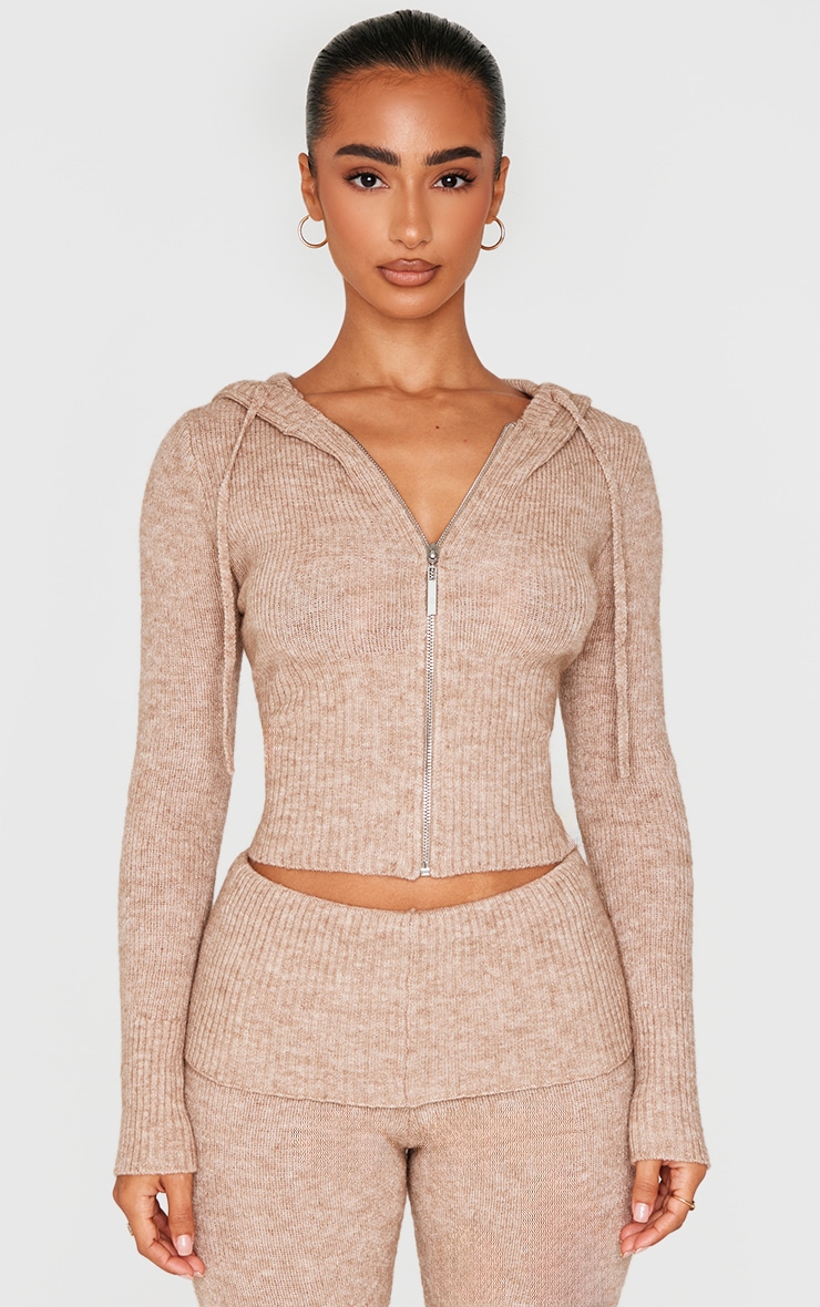 Petite Taupe Knit Long Sleeve Zip Up Hoodie image 1