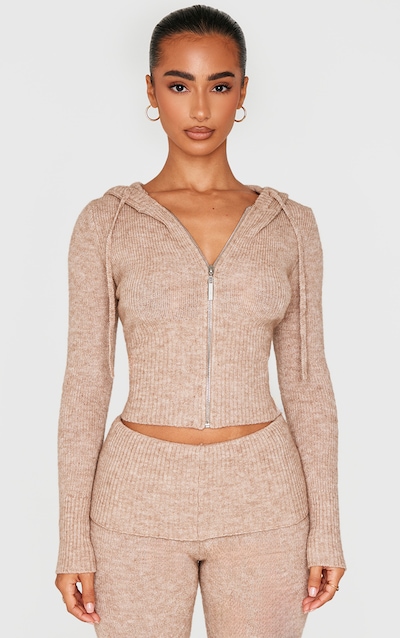 Petite Hoodie en maille tricot taupe à zip et manches longues