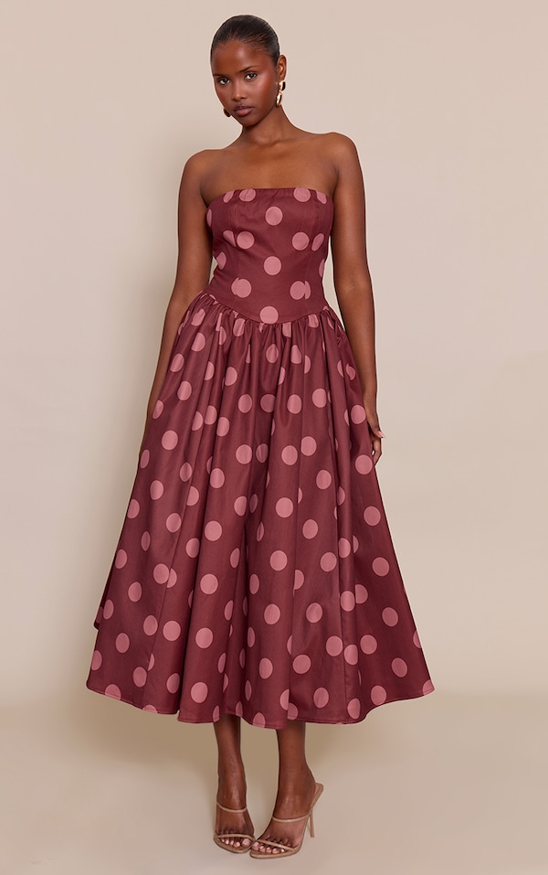 Blush Polka Dot Woven Bandeau Ruched Skater Midaxi Dress