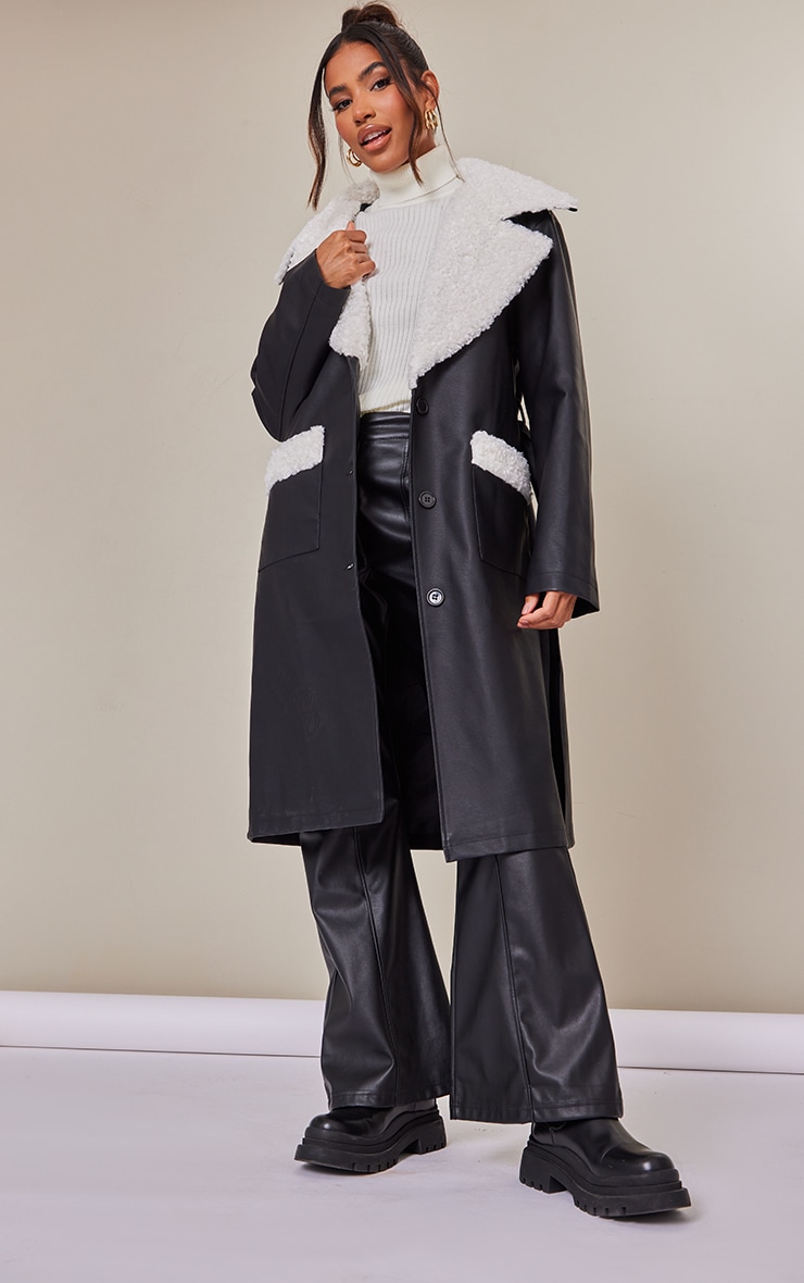 Black Faux Leather Contrast Borg Trim Trench