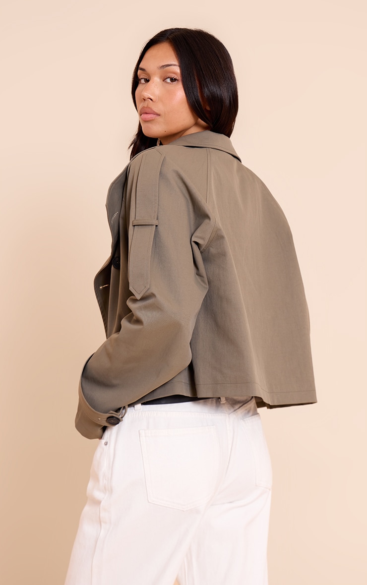 Olive Double Breasted Funnel Neck Cropped Trench Coat image 2