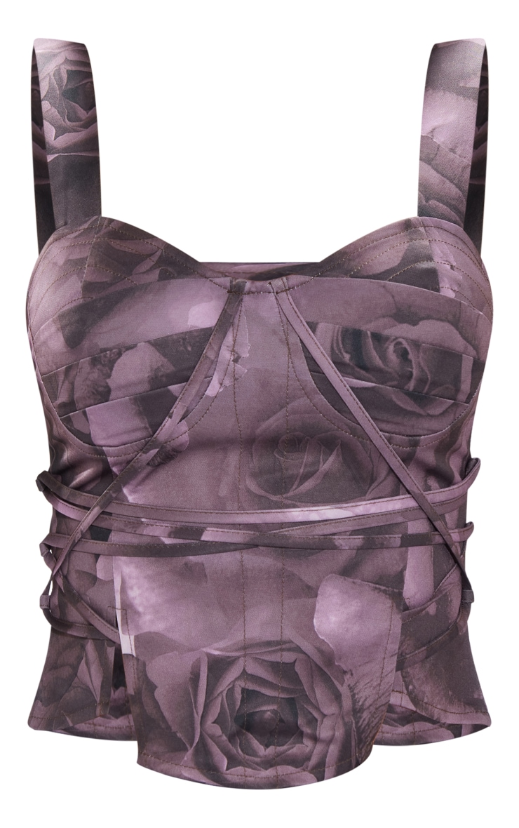 Brown Rose Printed Strappy Corset Tops PrettyLittleThing AUS