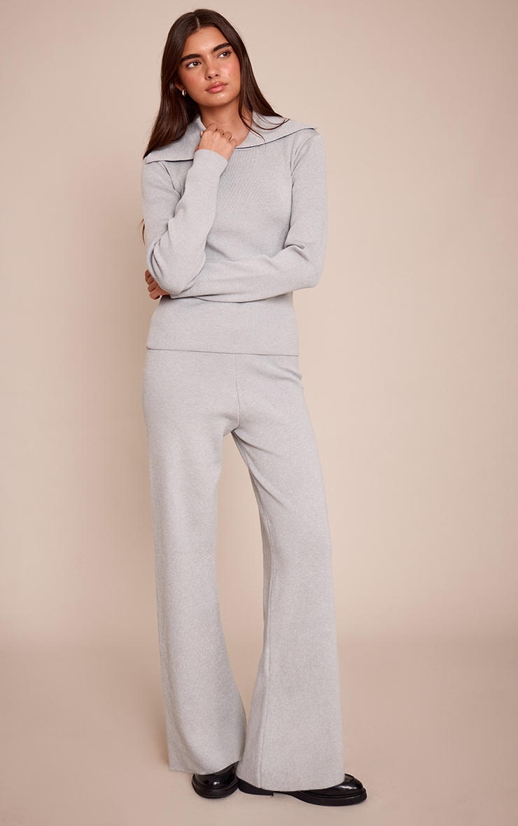 Grey Ribbed Knitted Wide Leg Trousers