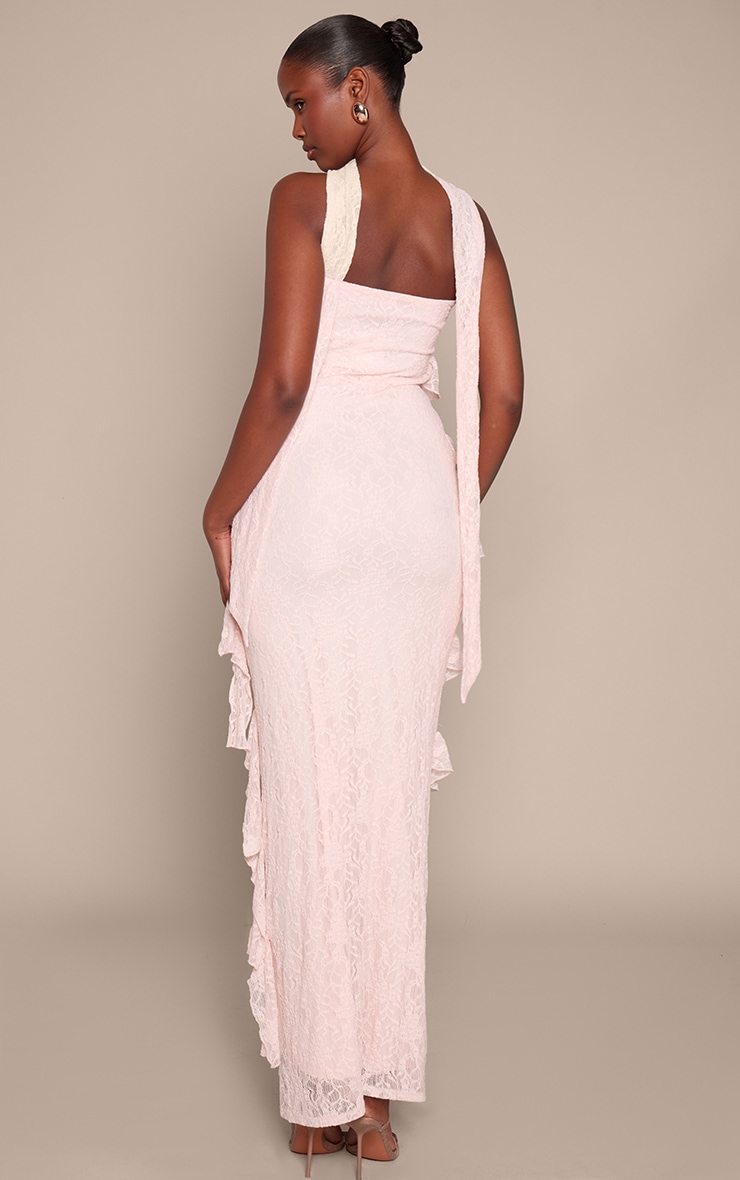 Robe longue asymétrique en dentelle rose à détail foulard image 2