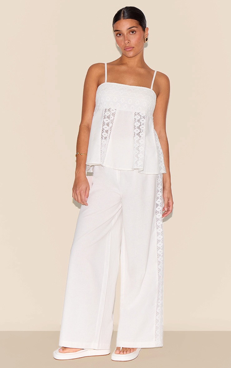 Petite White Linen Look Crochet Side Detail Wide Leg Pants image 1