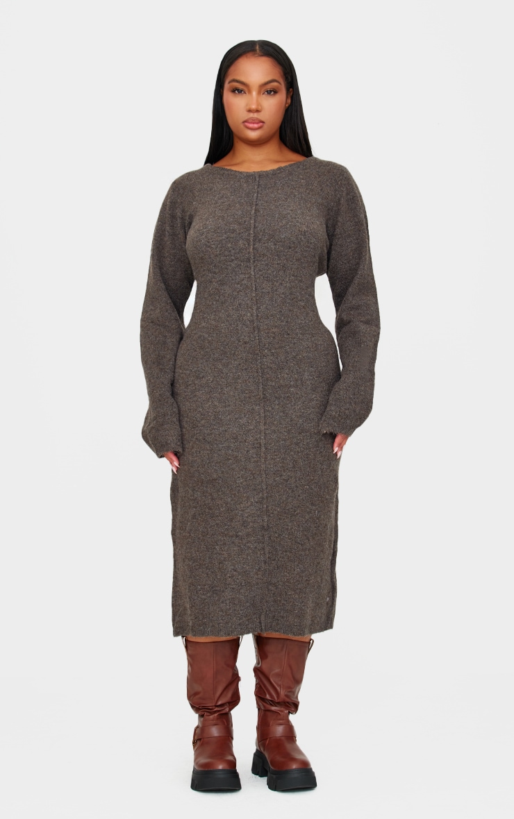 Plus Chocolate Knitted Seam Front Midaxi Dress image 1