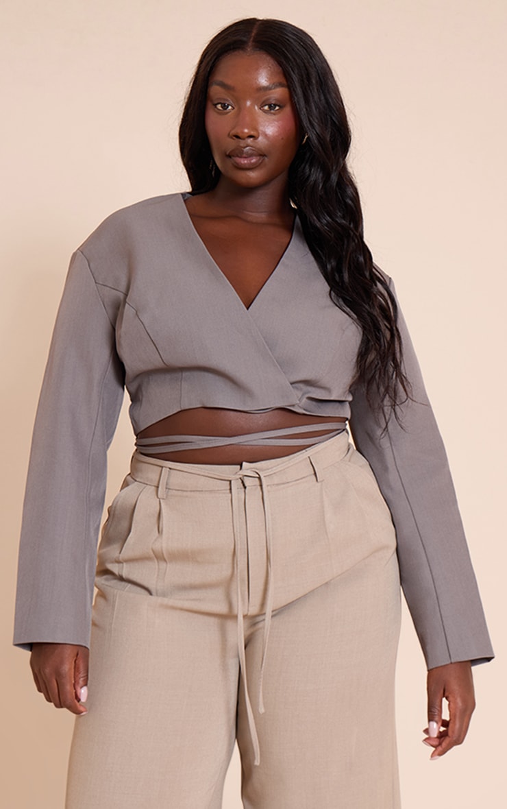 Plus Charcoal Grey Wrap Waist Tie Blazer image 1