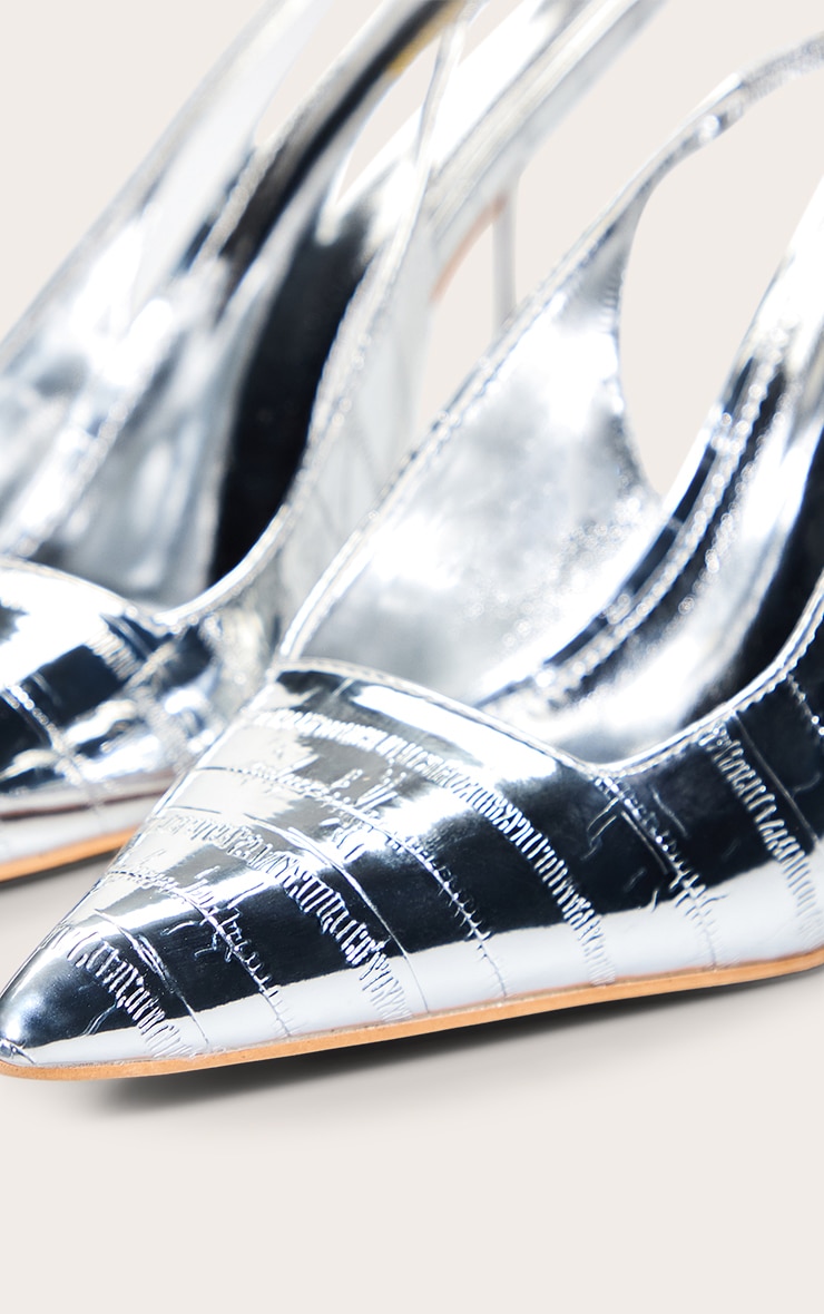 Silver Crinkle Heeled Sling Back Court Shoe image 5