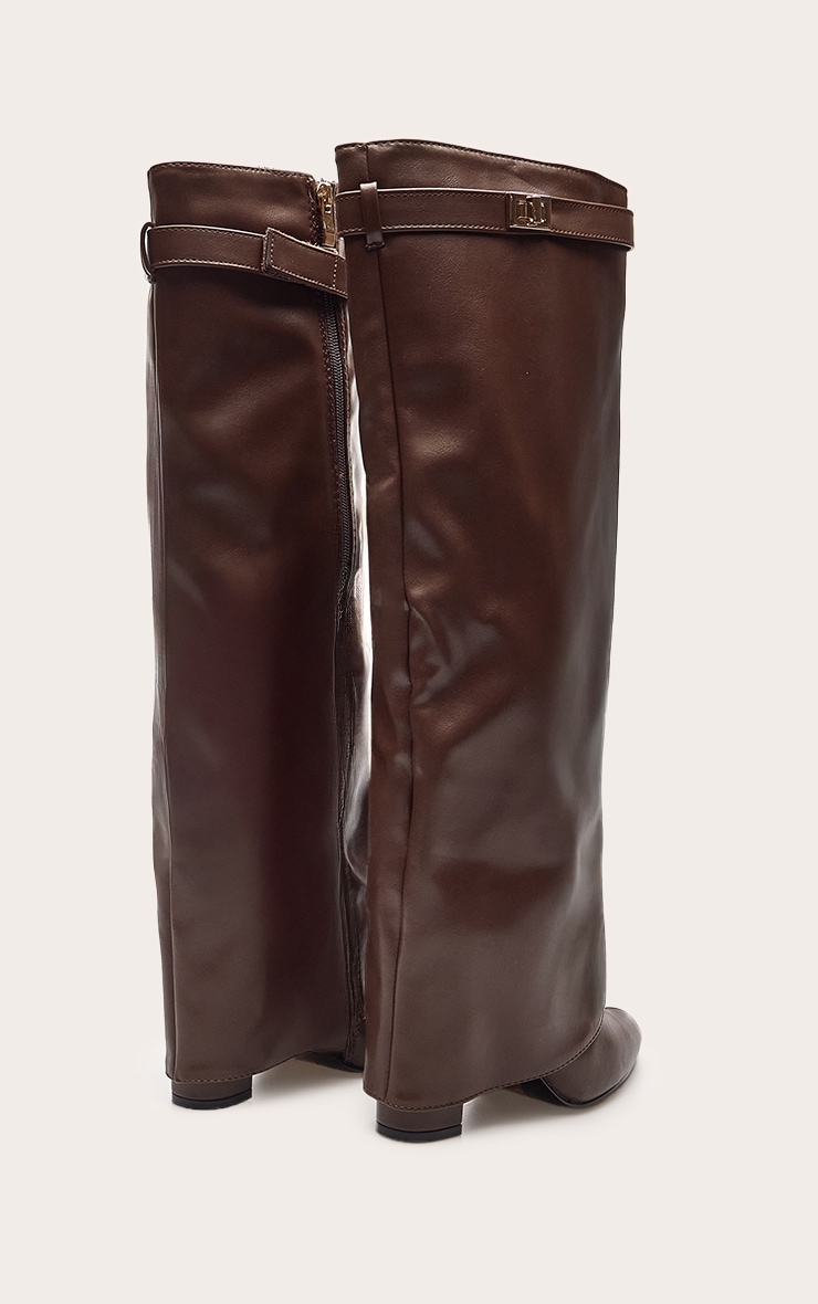 Chocolate Faux Leather Block Heel Foldover Knee High Boots image 4