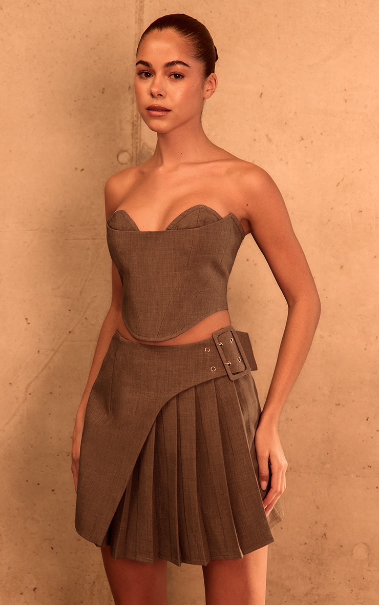 PLT Label Mini-jupe de tailleur café au lait plissée à ceinture image 4