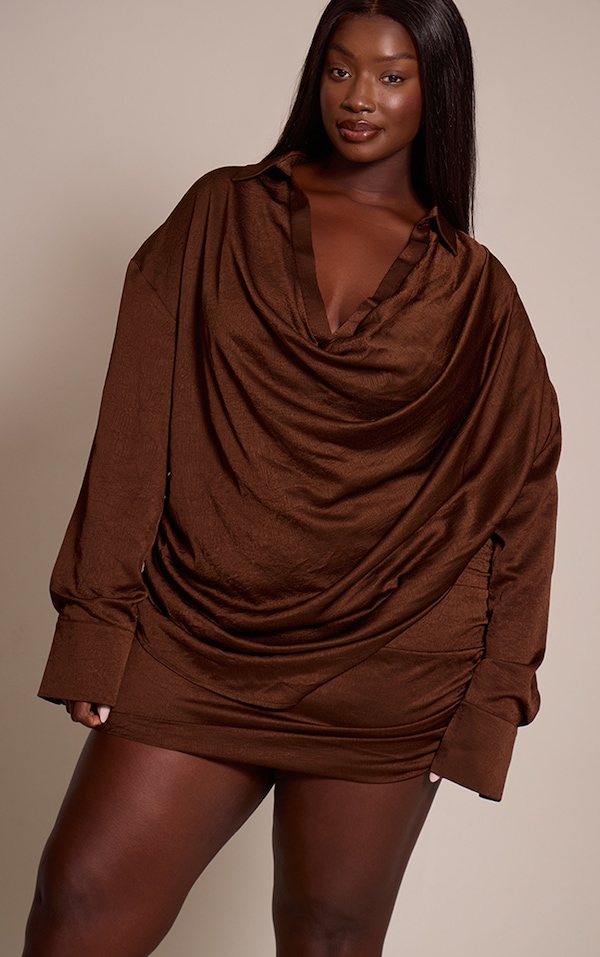 Plus Brown Textured Satin Plunge Shirt 