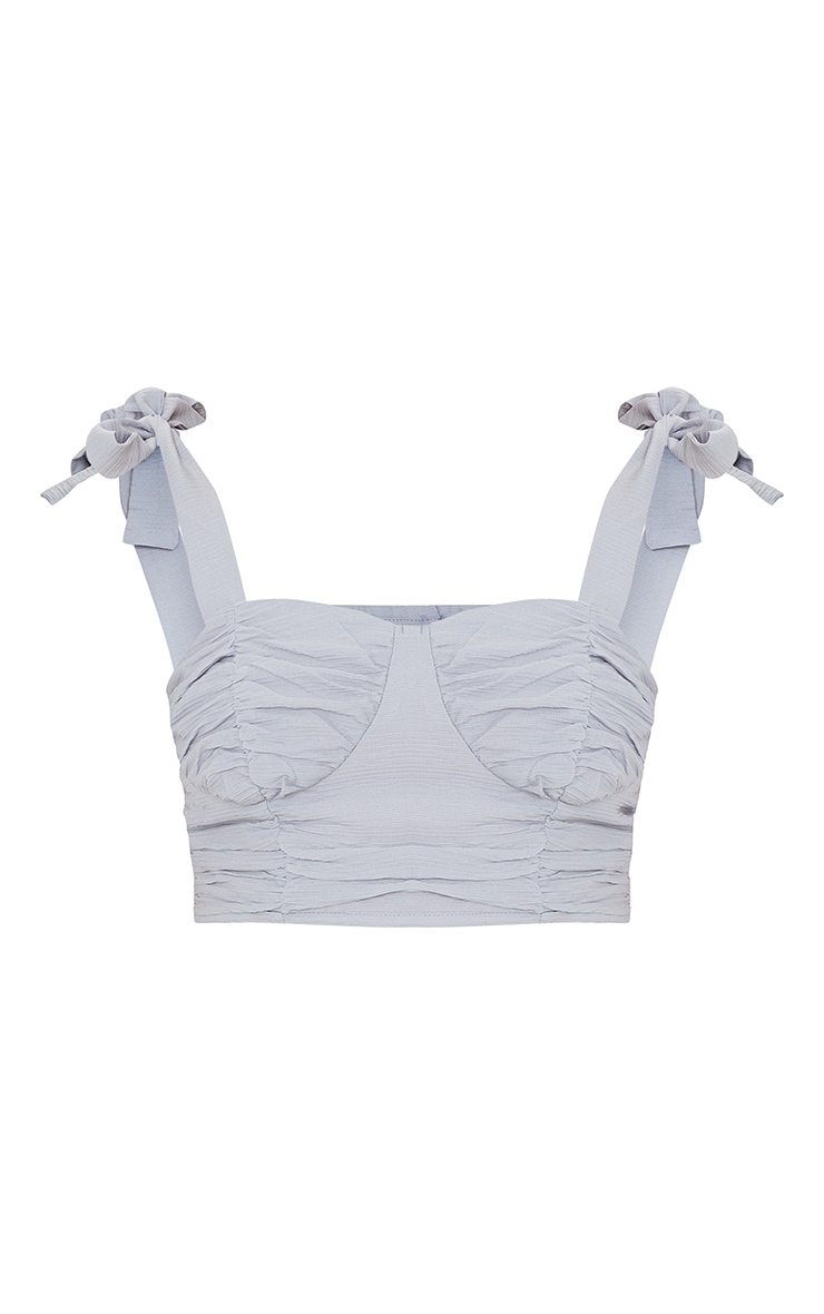 Dusty Blue Textured Woven Cup Detail Tie Sleeve Crop Top image 5