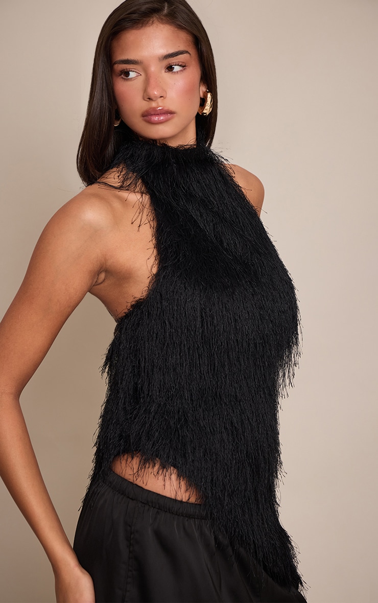Black Textured Faux Fur Asymmetric Sleeveless Top image 4