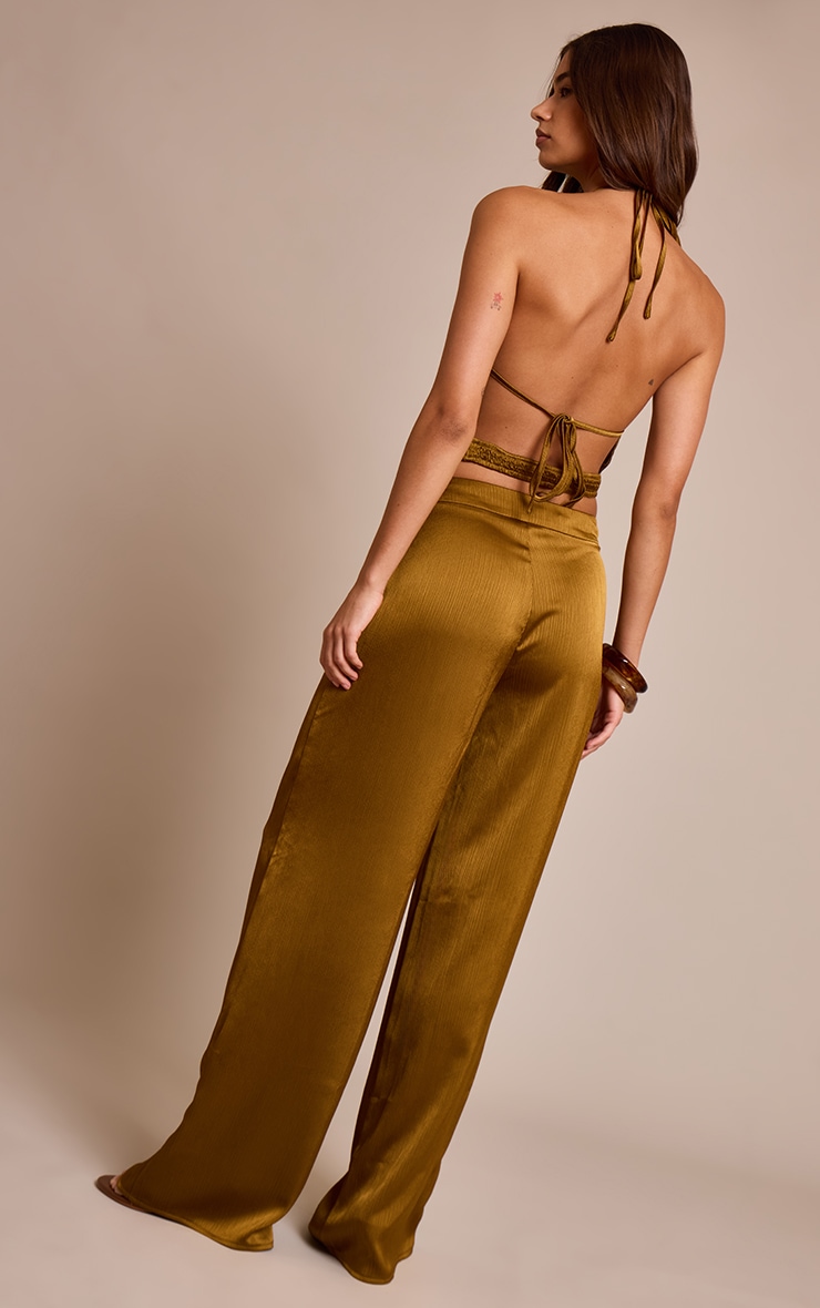 Dark Chartreuse Crinkle Satin High Waisted Wide Leg Pants image 3