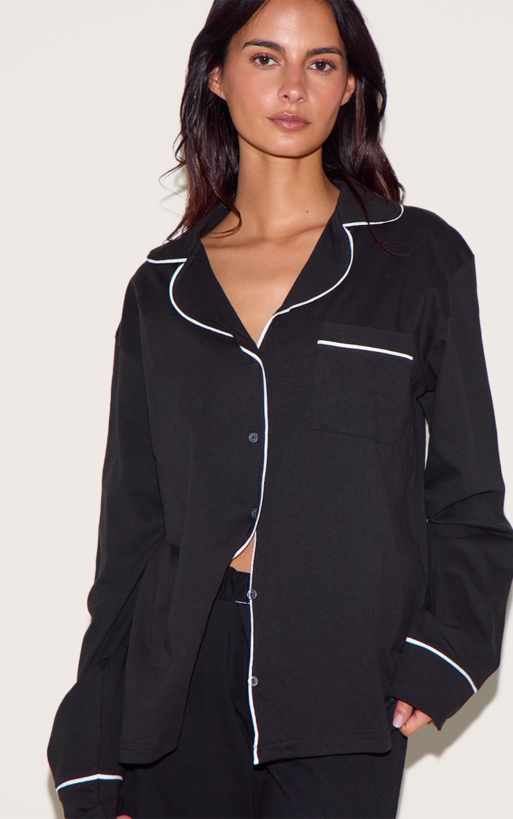 Black Oversized Jersey Piping Detail Long PJ Set image 4
