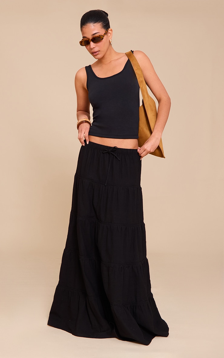 Black Cotton Tiered Drawstring Waist Maxi Skirt image 2