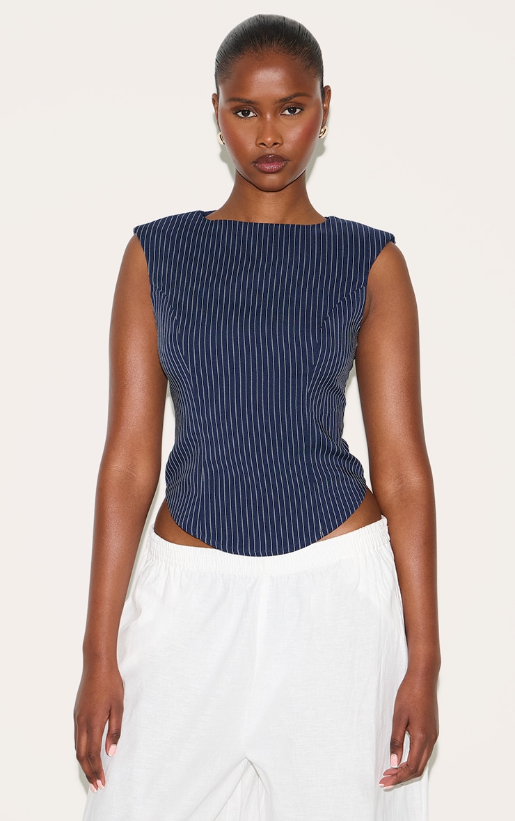 Navy Striped Cotton Tailored Sleeveless Top image 4