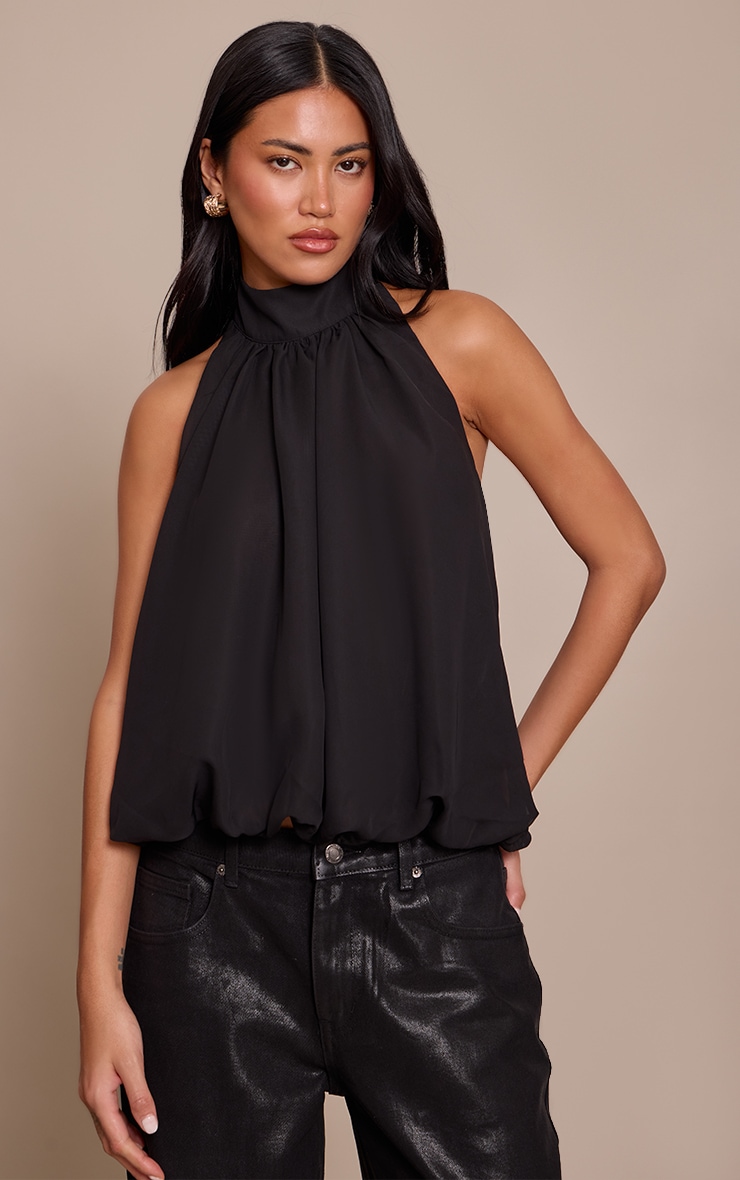Black Chiffon Bubble Hem Top image 1