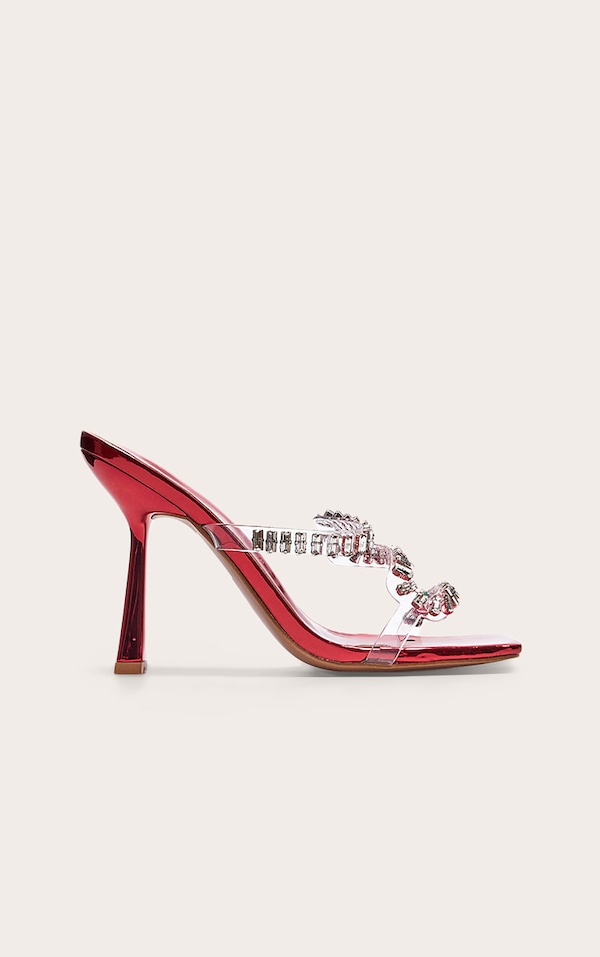 Red PU Wide Fit Metallic Square Toe Diamante Strap Heeled Mules