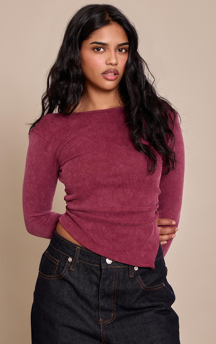 Petite Burgundy Snatched Rib Long Sleeve Popper Detail Open Back Top image 1