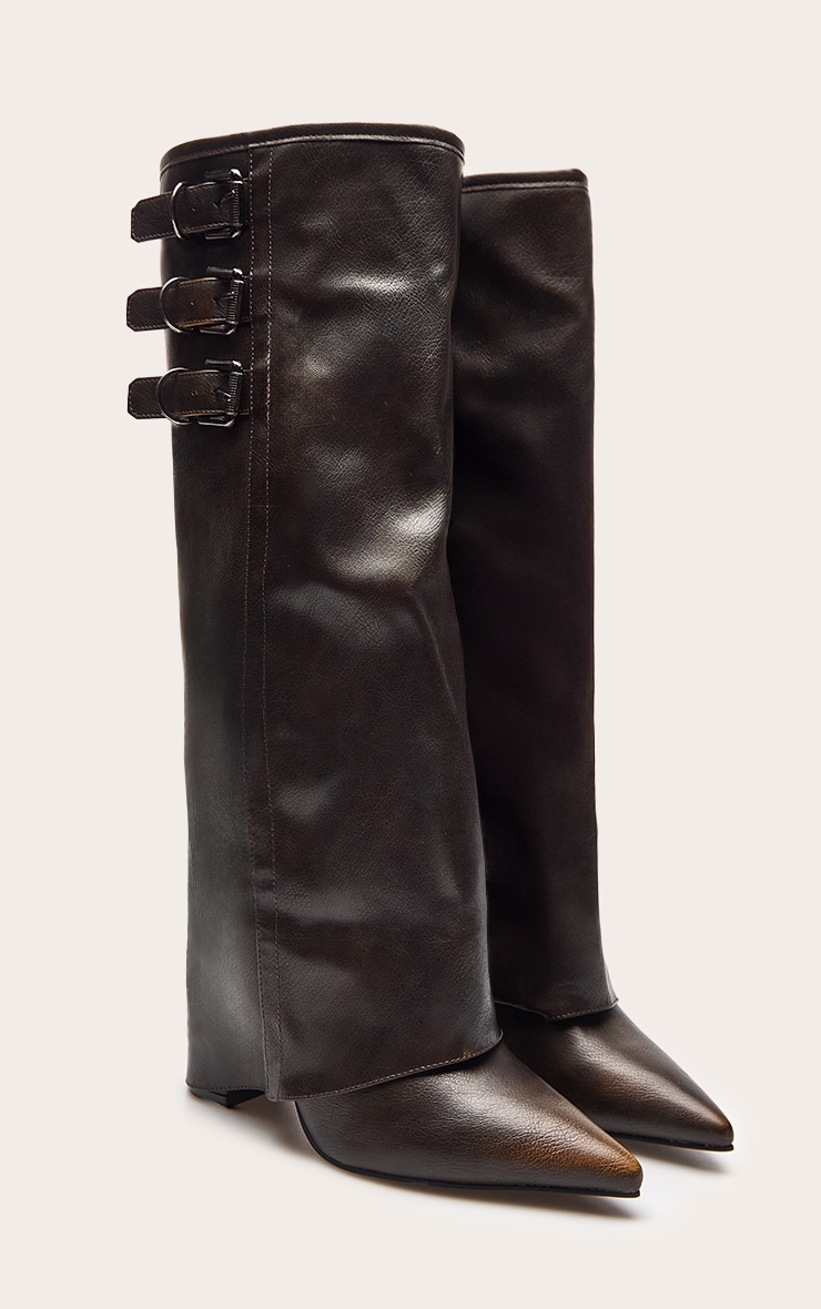 Bottes hautes repliées marron effet brûlé à talon carré et triples boucles image 3