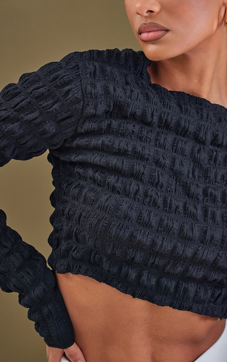 Black Bubble Textured Long Sleeve Crop Top image 4