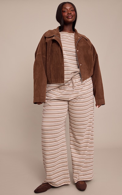 Plus Chocolate Striped Wide Leg Drawstring Trousers