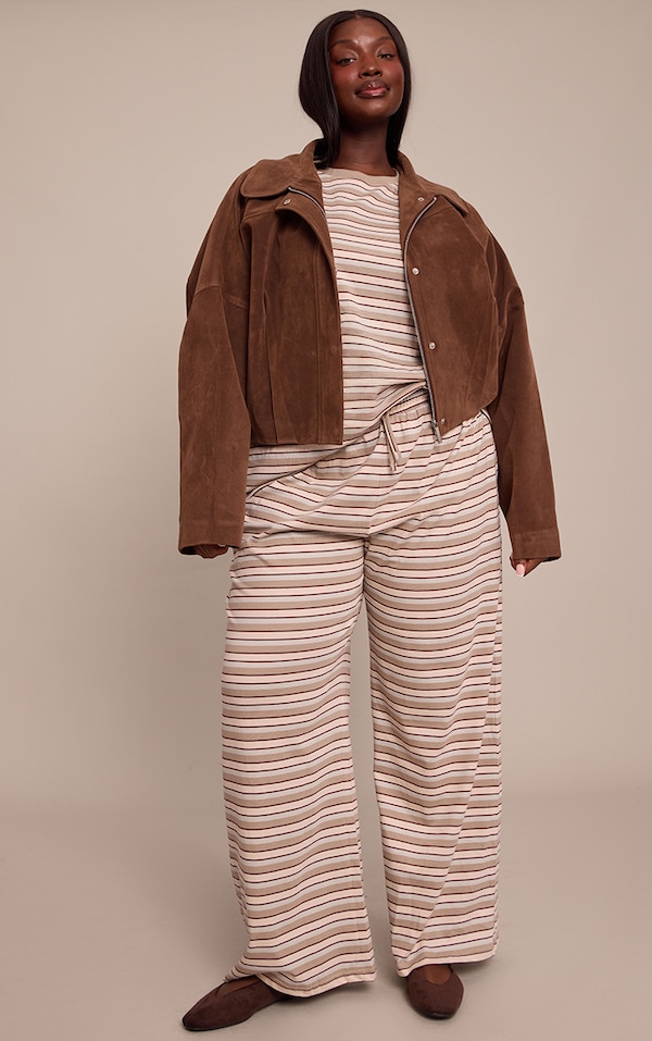 Plus Chocolate Striped Wide Leg Drawstring Trousers