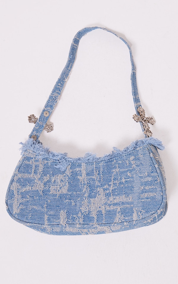 Denim Diamante Cross Frayed Edge Shoulder Bag PrettyLittleThing USA