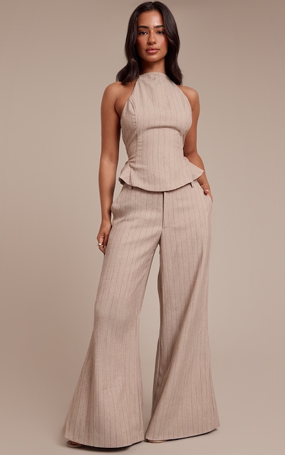 Petite Pantalon de tailleur large beige à fines rayures