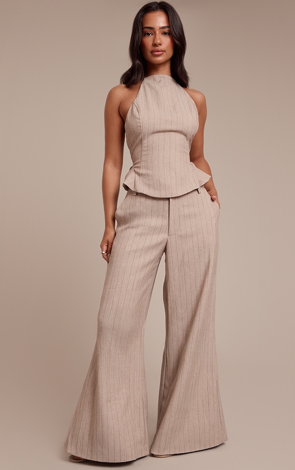 Petite Beige Pinstripe Wide Leg Tailored Pants