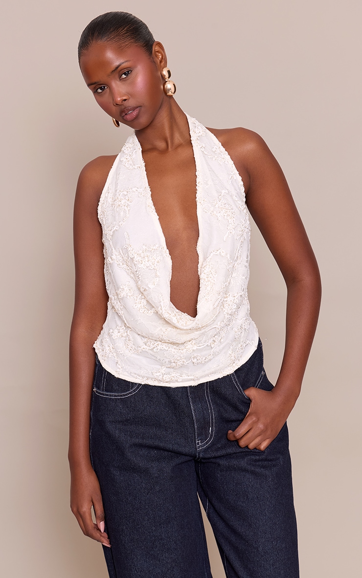 Cream Beaded Embroidered Cowl Neck Top image 1