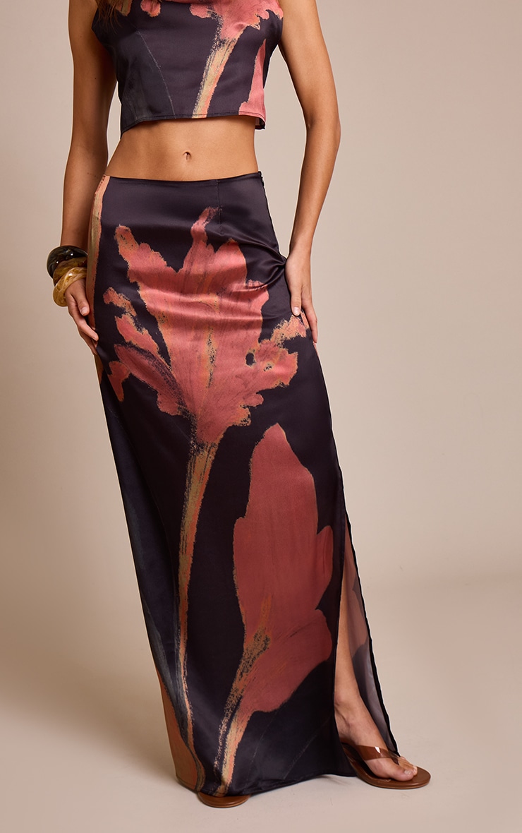 Black Floral Printed Satin Maxi Skirt image 2