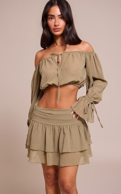Petite Khaki Ruched Elasticated Bardot Top