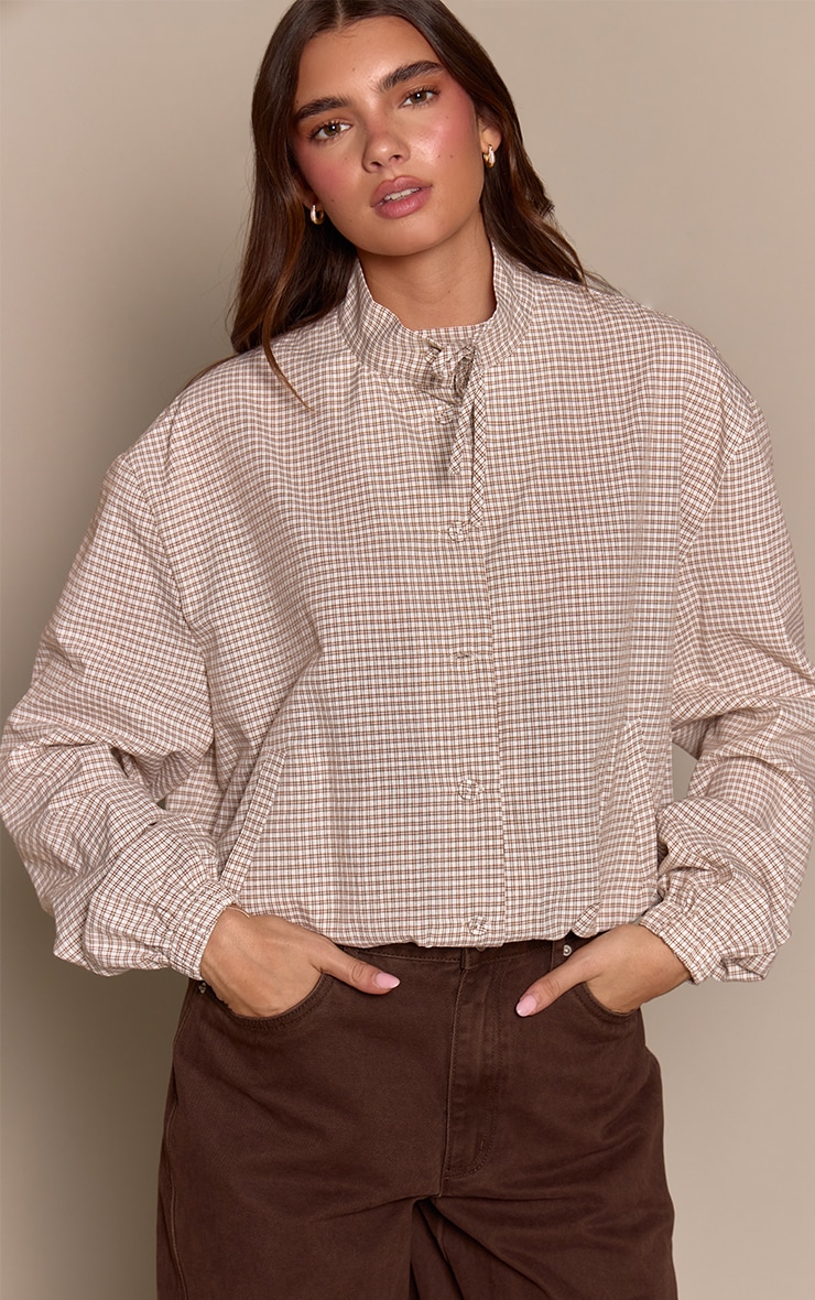 Cream Checked High Neck Tie Detail Long Sleeve Shirt  image 1