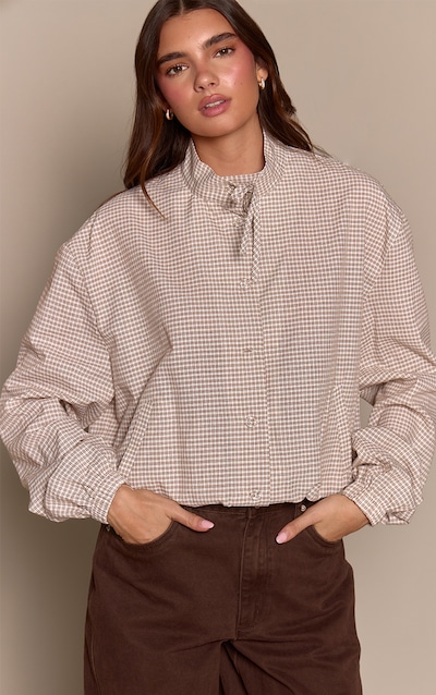 Cream Checked High Neck Tie Detail Long Sleeve Shirt