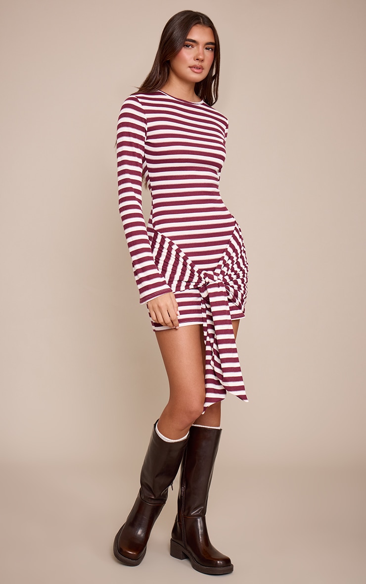 Burgundy Striped Long Sleeve Wrap Detail Bodycon Dress image 3
