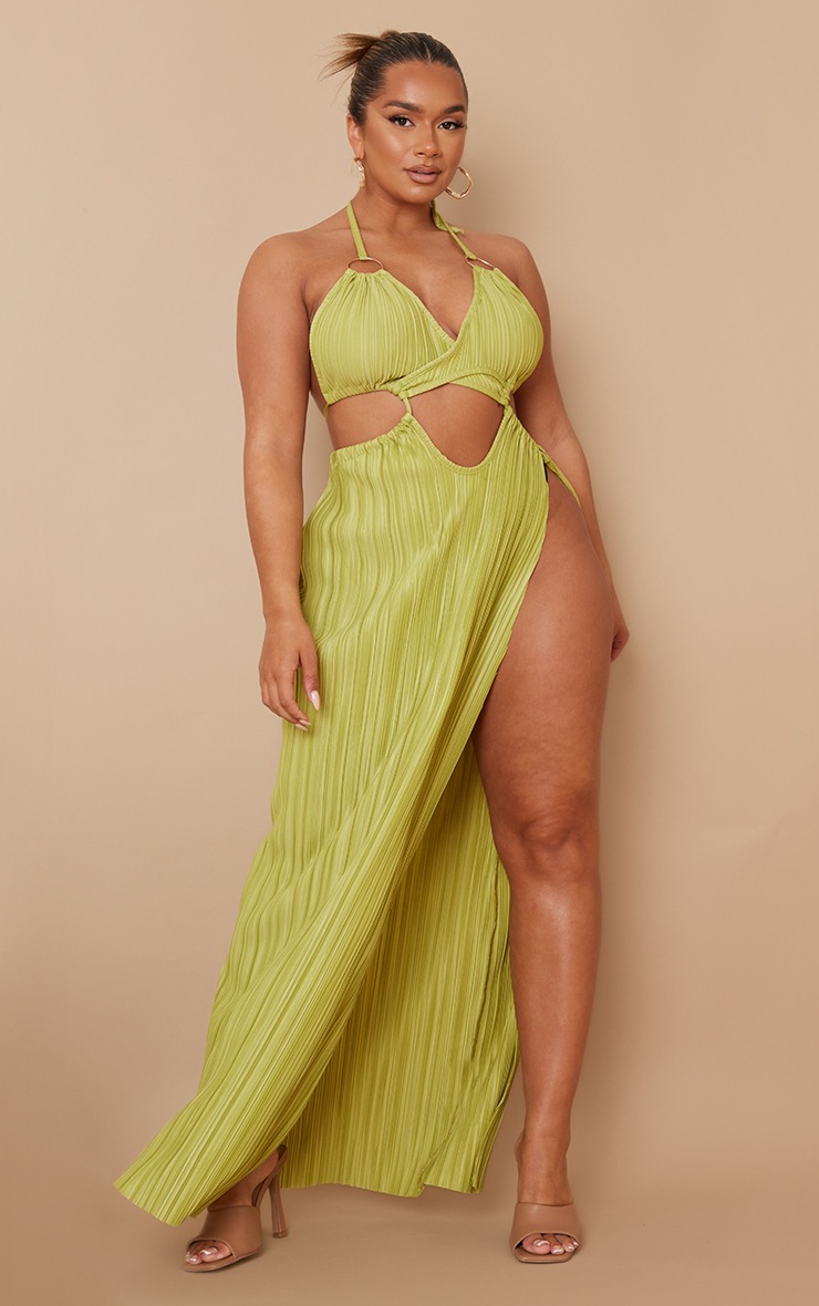 Shape Lime Plisse Ring Detail Split Maxi Dress image 1