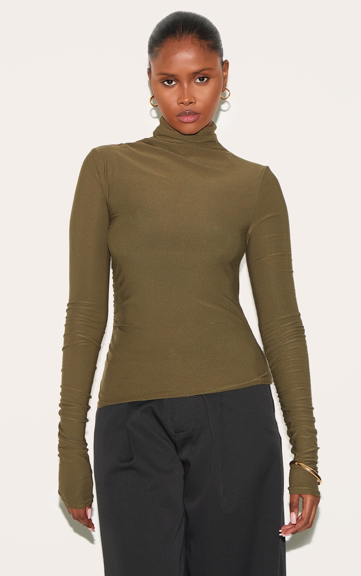 Khaki Soft Touch High Neck Ruched Sleeve Top | Tops