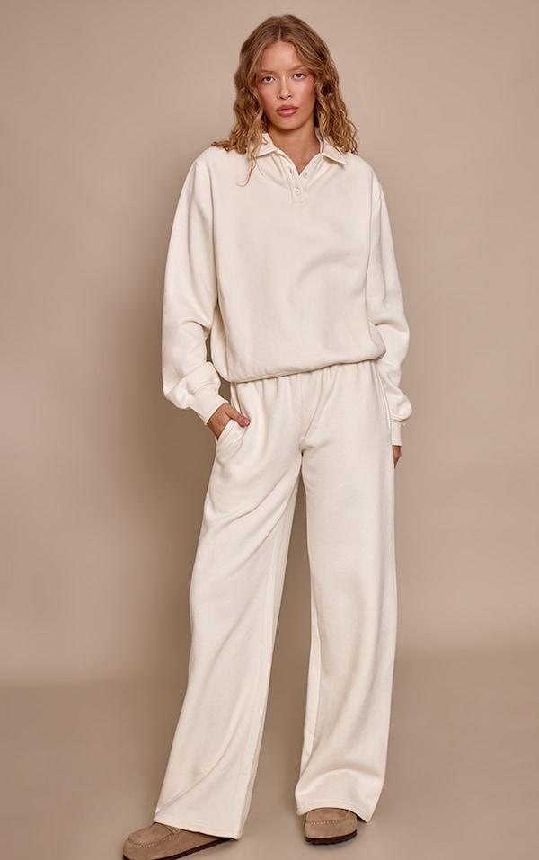 Cream Cotton Fleece Straight Leg Sweatpants