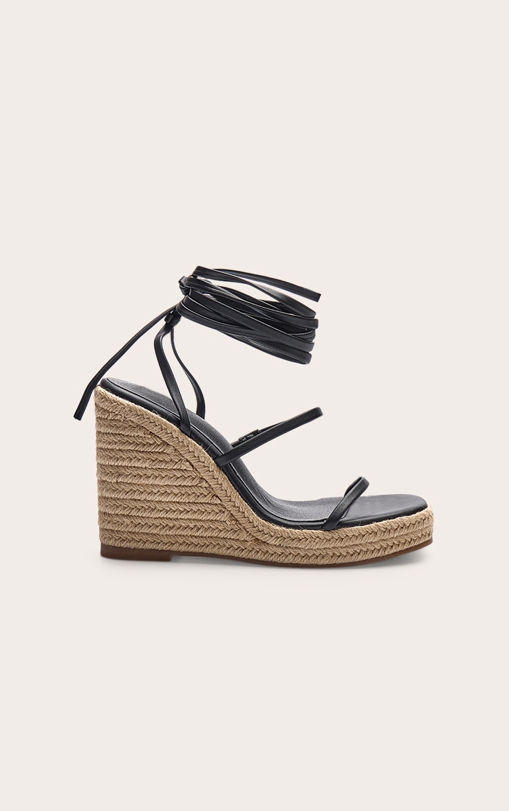 Black Pu Square Toe Espadrille Lace Up High Heeled Wedges image 2