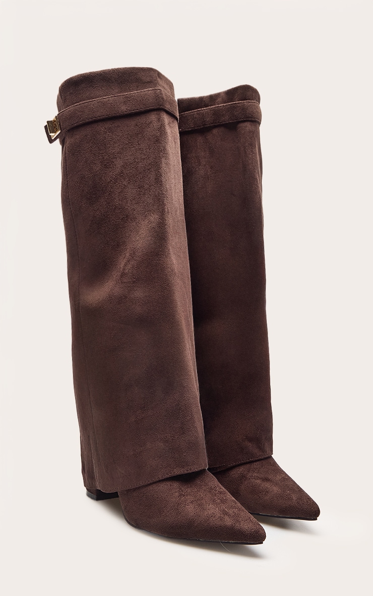 Bottes hautes repliées en suédine chocolat talon carré image 3
