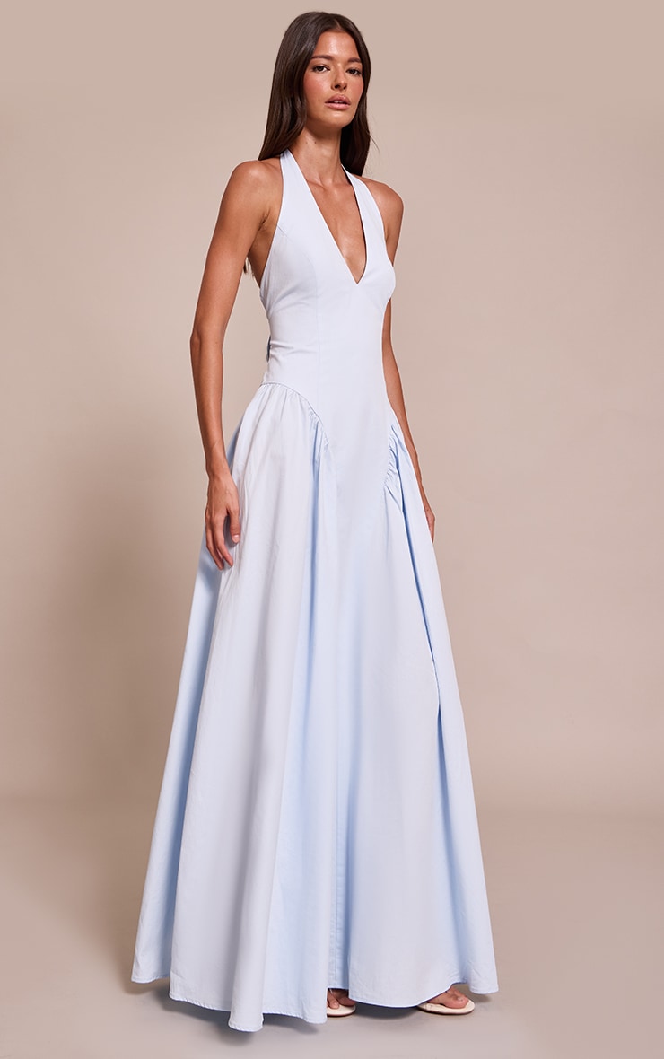 Light Blue Woven Halterneck Plunge Midaxi Dress image 3