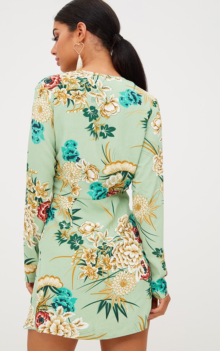 White printed silk long sleeve wrap dress wedding