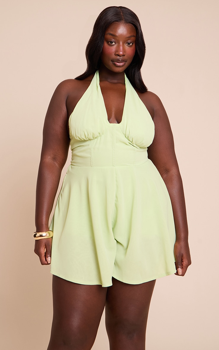 Plus Pale Lime Chiffon Halterneck Corset Detail Skort Playsuit image 1